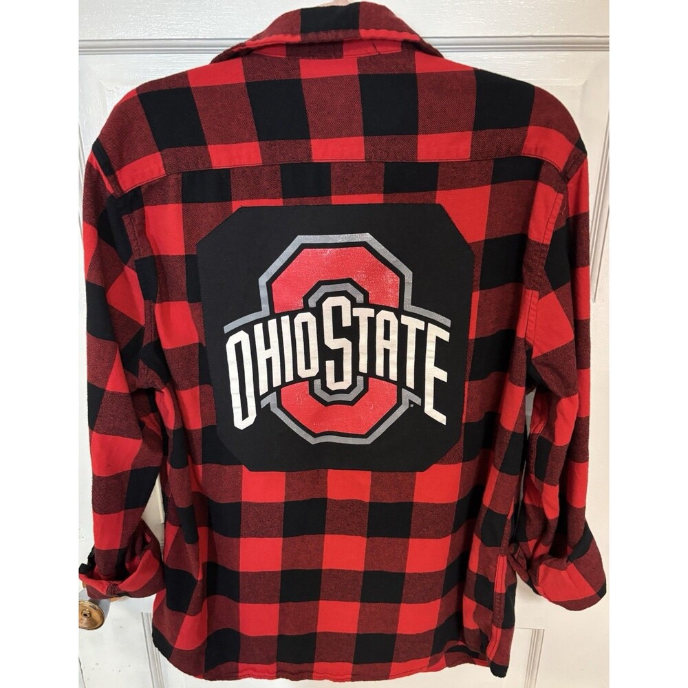 OSU Ohio State Buckeyes Upcycled Flannel Shirt Button Up Plaid Mens Size Medium